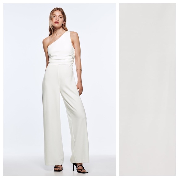 Zara Pants - NWT. Zara White Asymmetric Jumpsuit with Pleats. Size S.